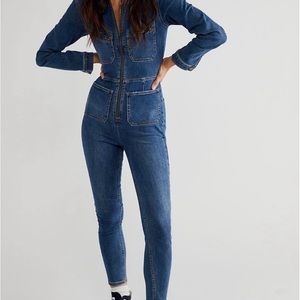 Free People Lennox Denim Fitted Jumpsuit coverall Rider Blue